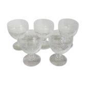 5 old crystal foot glasses engraved