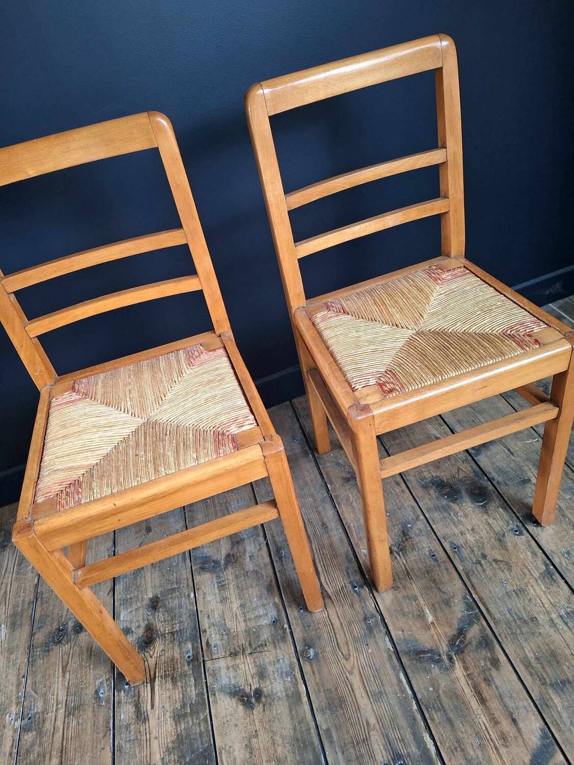 Pair of vintage straw chairs, antique seating furniture