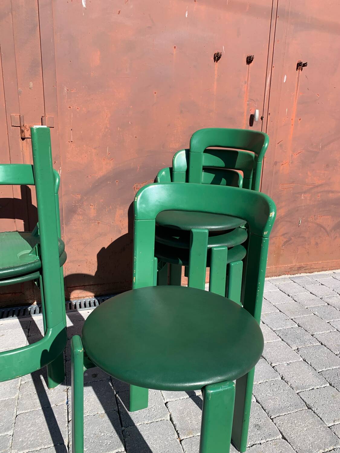 6 Bruno Rey Kush & co Green Stackable Chairs Circa 1970