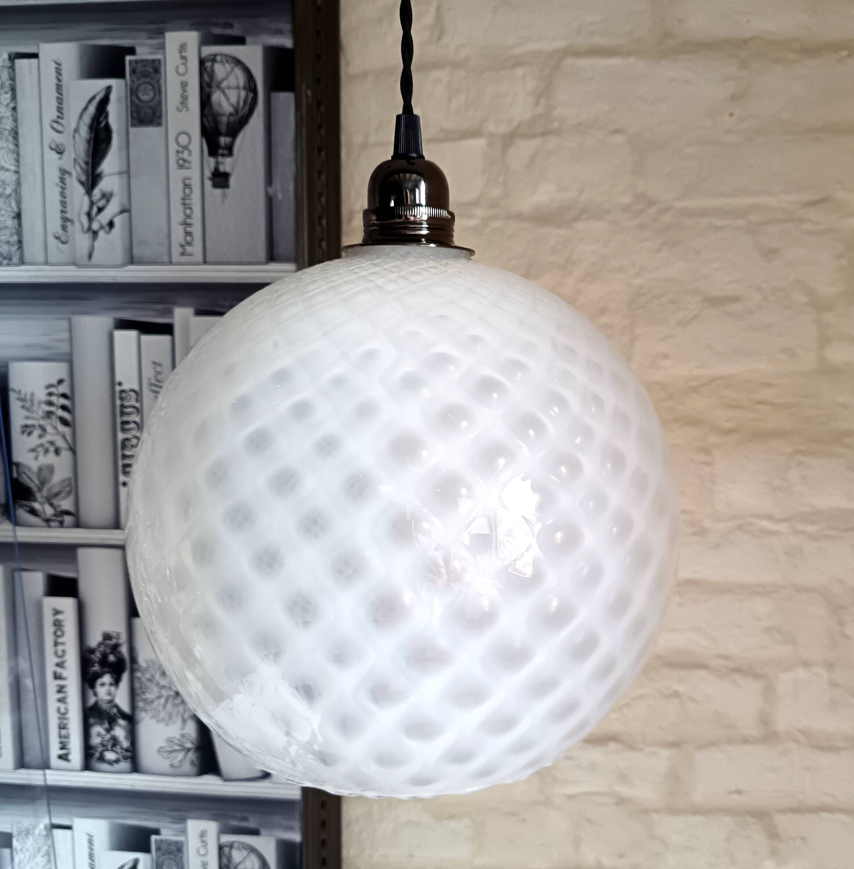 Vintage opaline glass ball pendant light with geometric patterns
