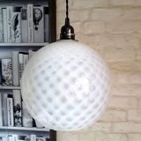 Vintage opaline glass ball pendant light with geometric patterns