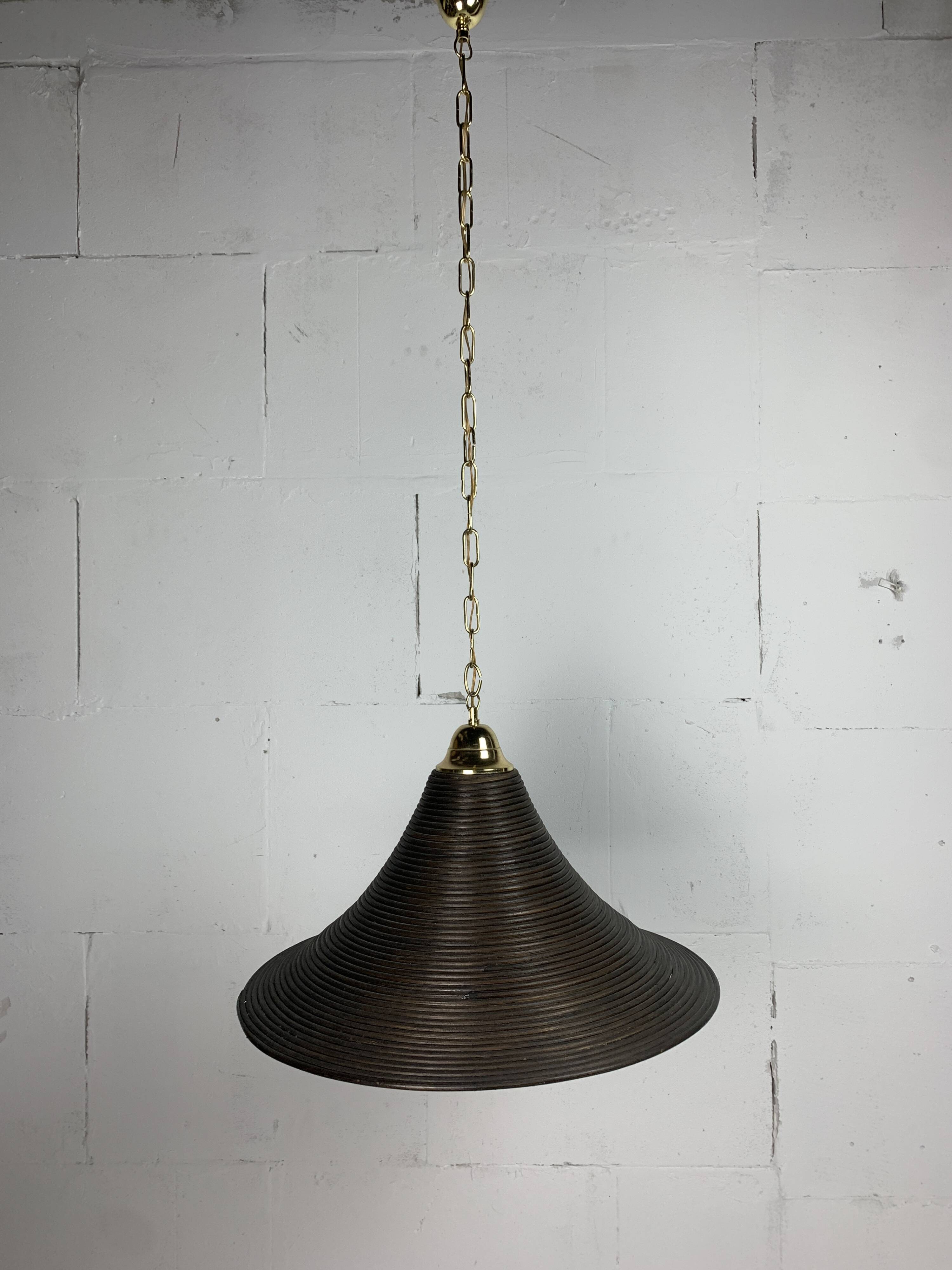 Pencil Reed, Rattan, Bamboo and Brass Pendant Hanging Lamp, Italy, 1970s