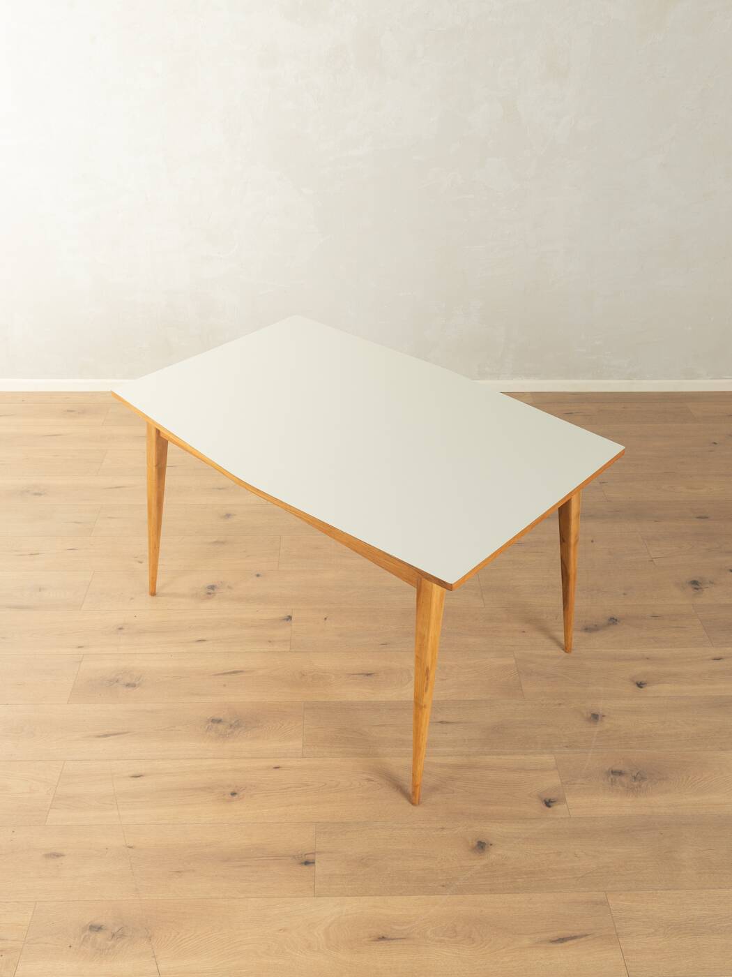 Classic extendable dining table from the 1950s, solid ash wood, new cream white Resopal top