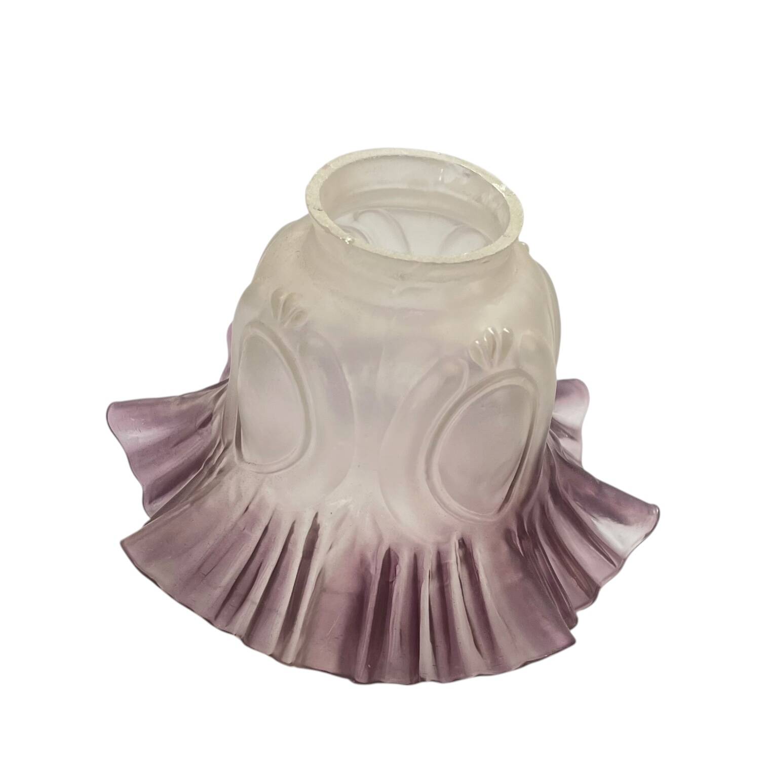 Antique tulip lampshade in transparent glass with a purple rim.