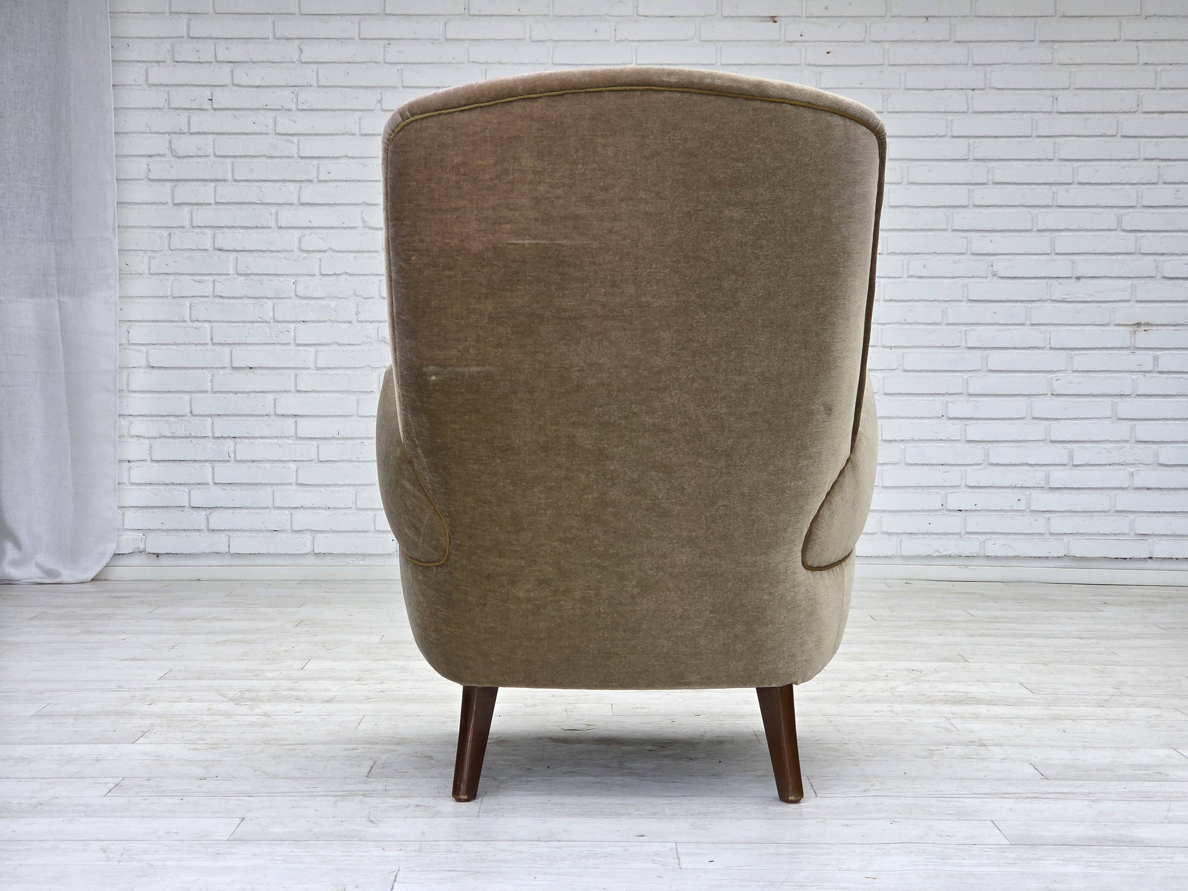 1970s, Danish armchair, green furniture velour, beech wood legs.