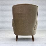 1970s, Danish armchair, green furniture velour, beech wood legs.
