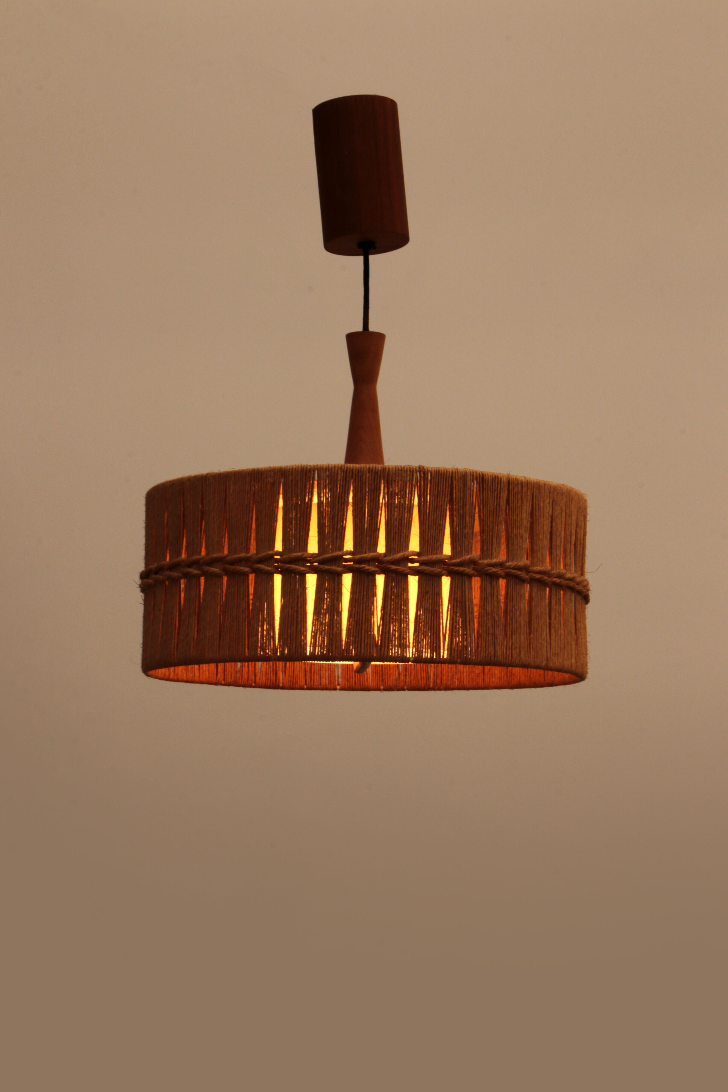 Vintage Temde Hanging Lamp with Teak and Raffia 1960s Germany.