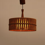 Vintage Temde Hanging Lamp with Teak and Raffia 1960s Germany.