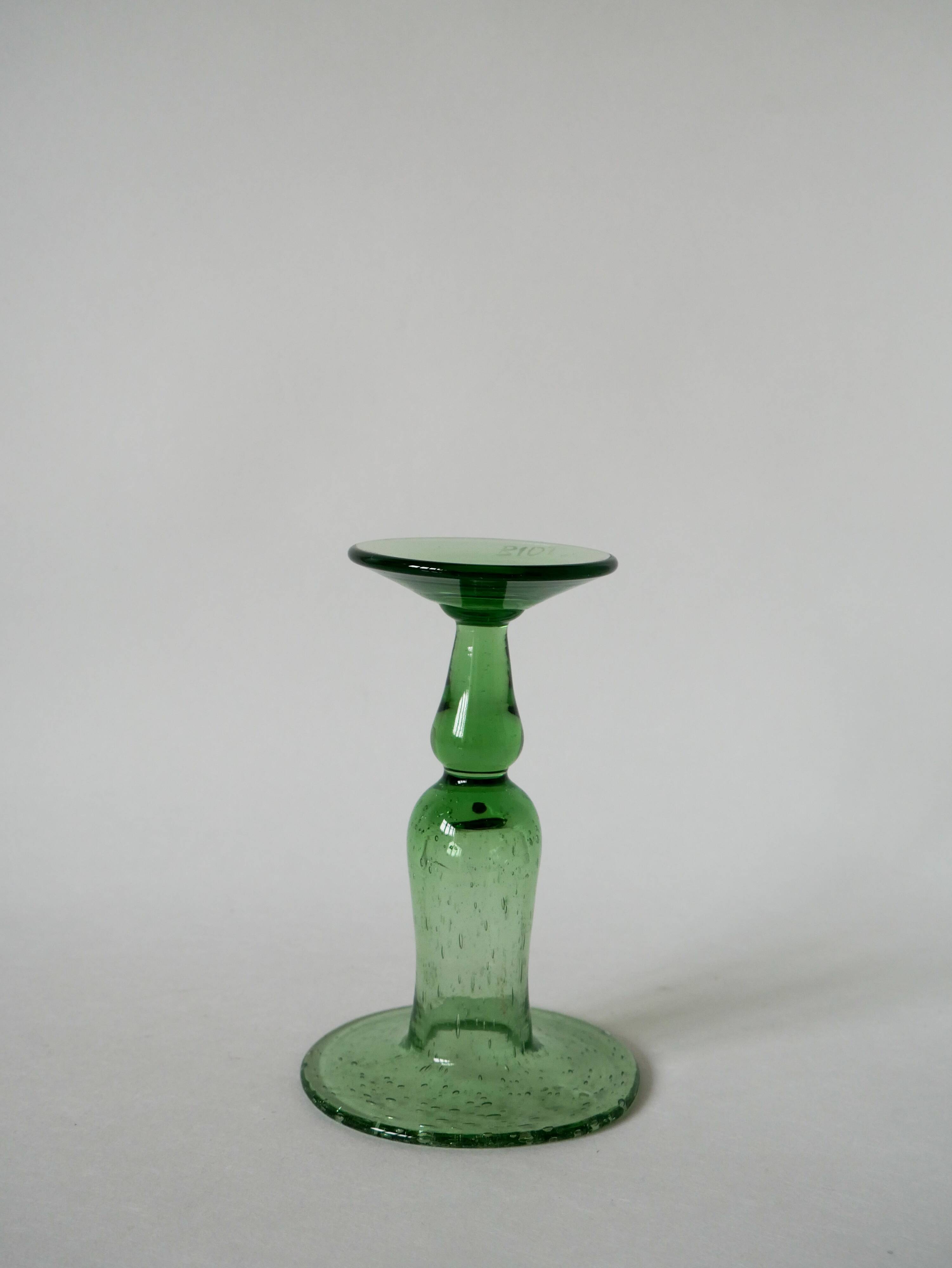 blown glass candle holder signed Biot green 1960-1970