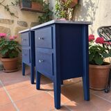 Tables de chevet MCM vintage – Bleu foncé, tiroirs et poignées laiton