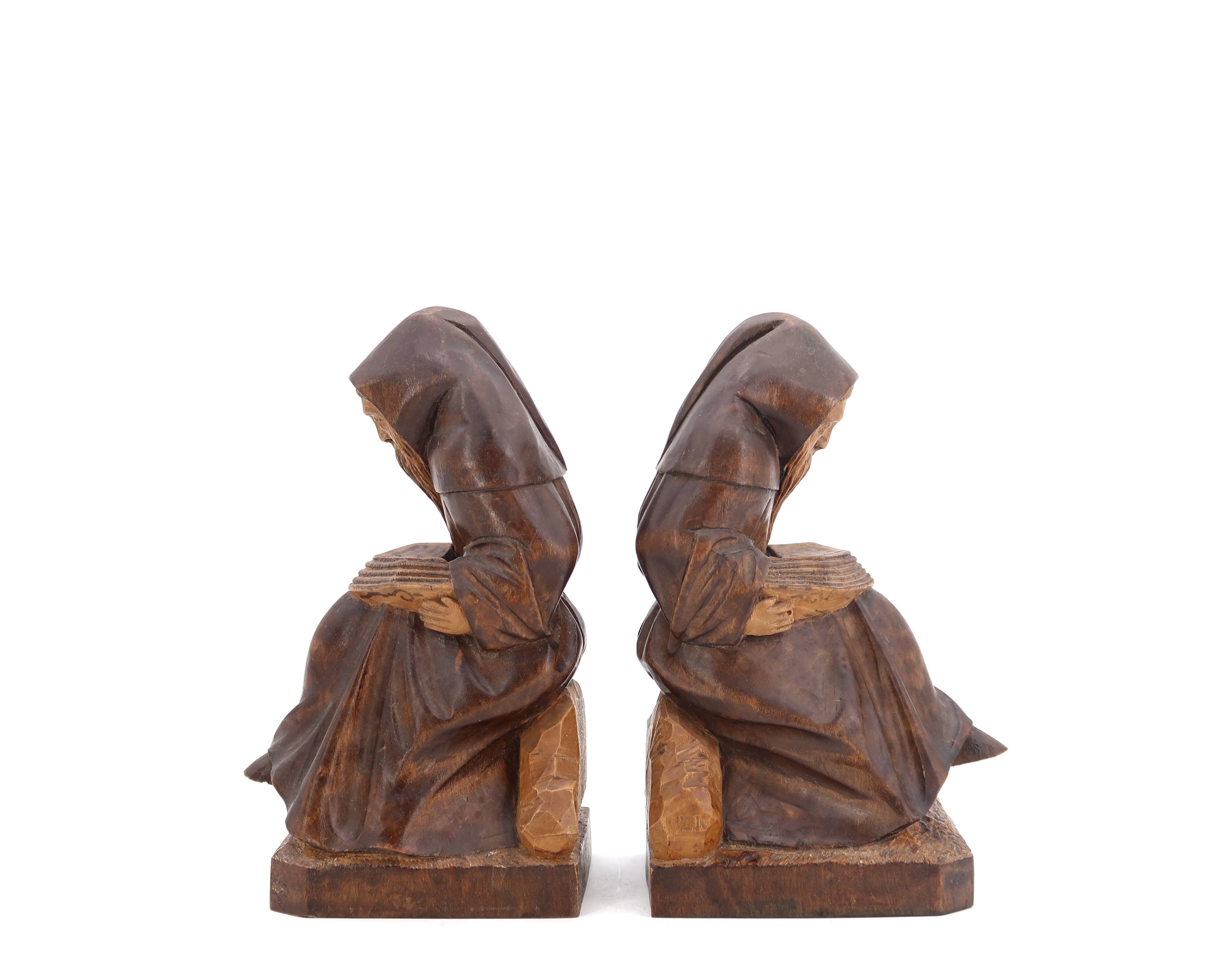 Wooden bookends monks reading, 80s