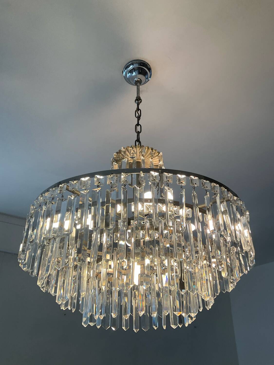 Large crystal chandelier with cascade of pendants from the 60s and 70s