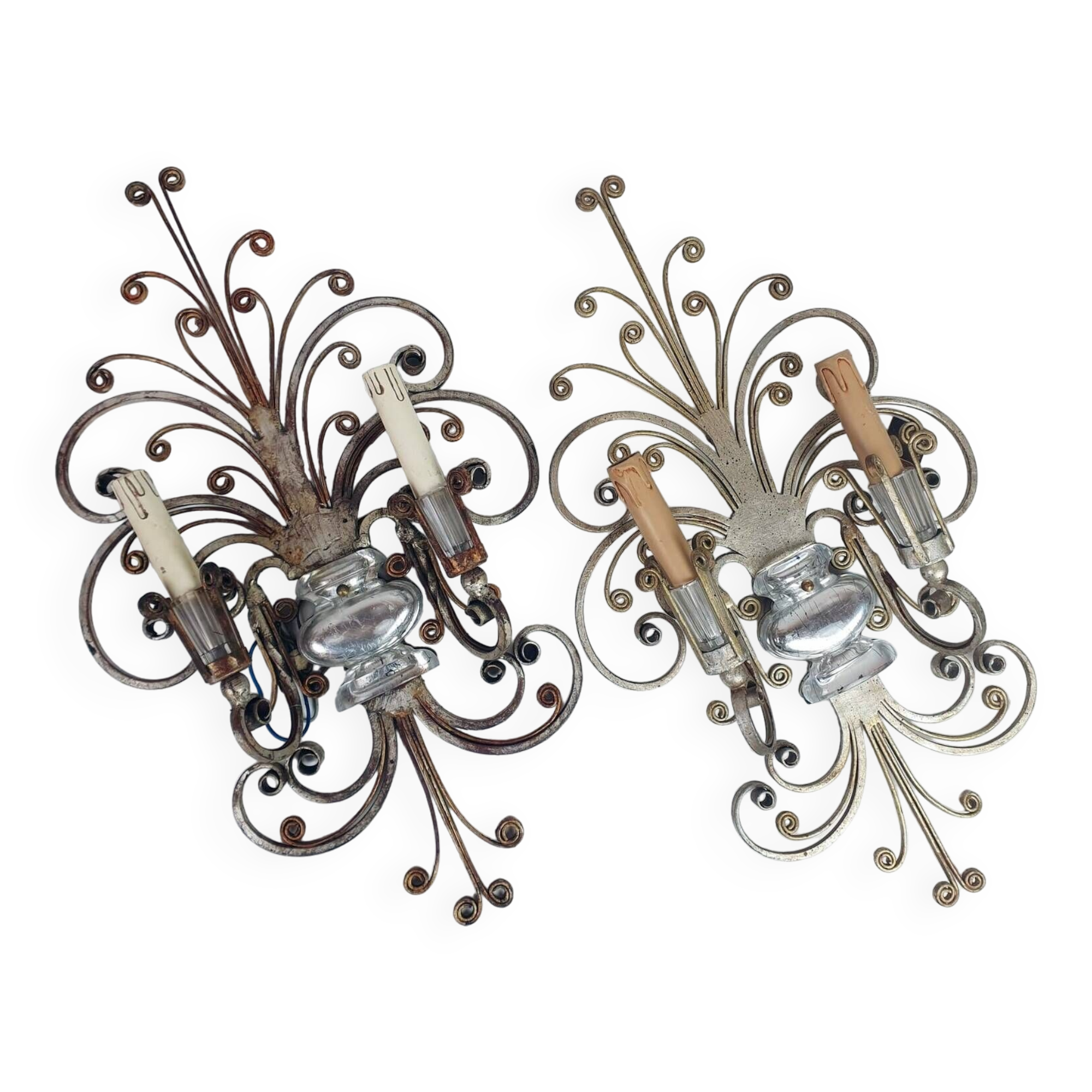 Pair of Silver Wrought Iron And Glass Wall Lights by Banci, Italy, 1940s