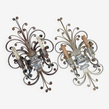 Pair of Silver Wrought Iron And Glass Wall Lights by Banci, Italy, 1940s