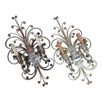 Pair of Silver Wrought Iron And Glass Wall Lights by Banci, Italy, 1940s