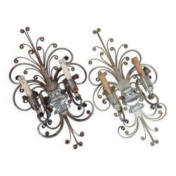 Pair of Silver Wrought Iron And Glass Wall Lights by Banci, Italy, 1940s