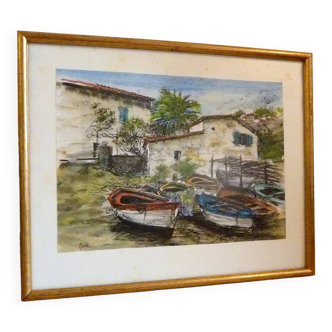 Aquarelle peinture port bateau signé Male, encadrée