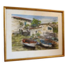 Watercolor painting boat port signed Male, framed