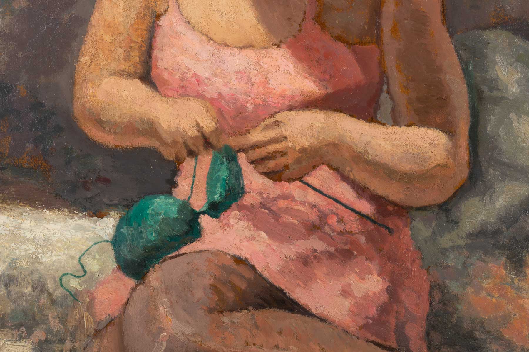 Painting, young knitting woman signed J. Nebesov 30