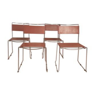 Set 4 vintage chairs design chrome and leather metal
