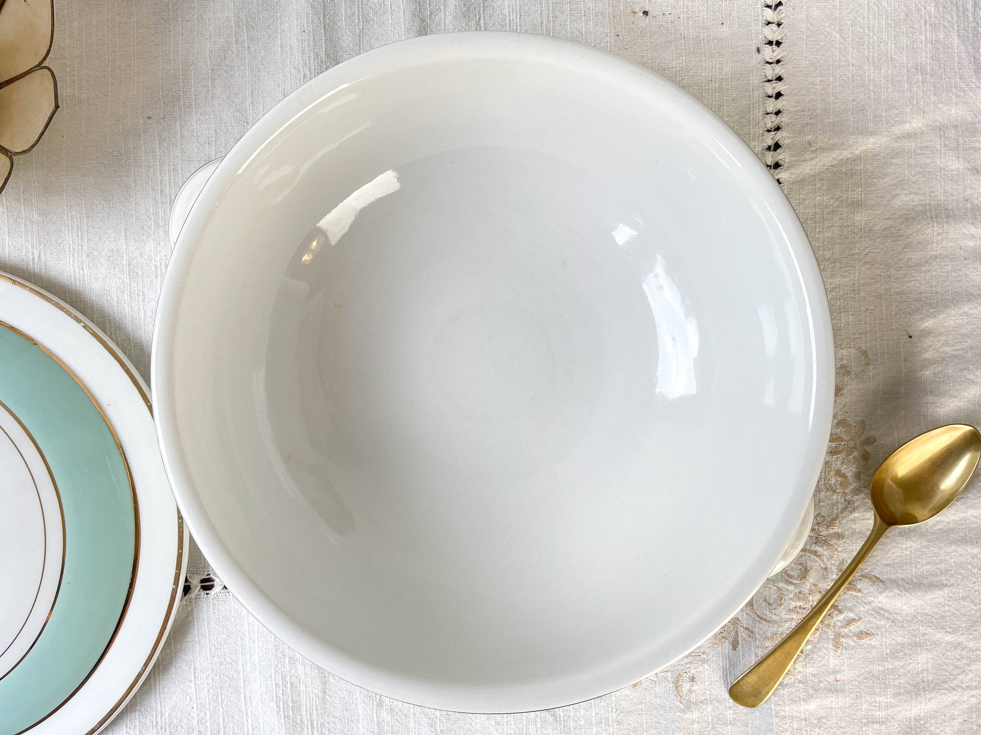 Vintage white and green porcelain tureen, Luneville, Epinay, France, 1950s