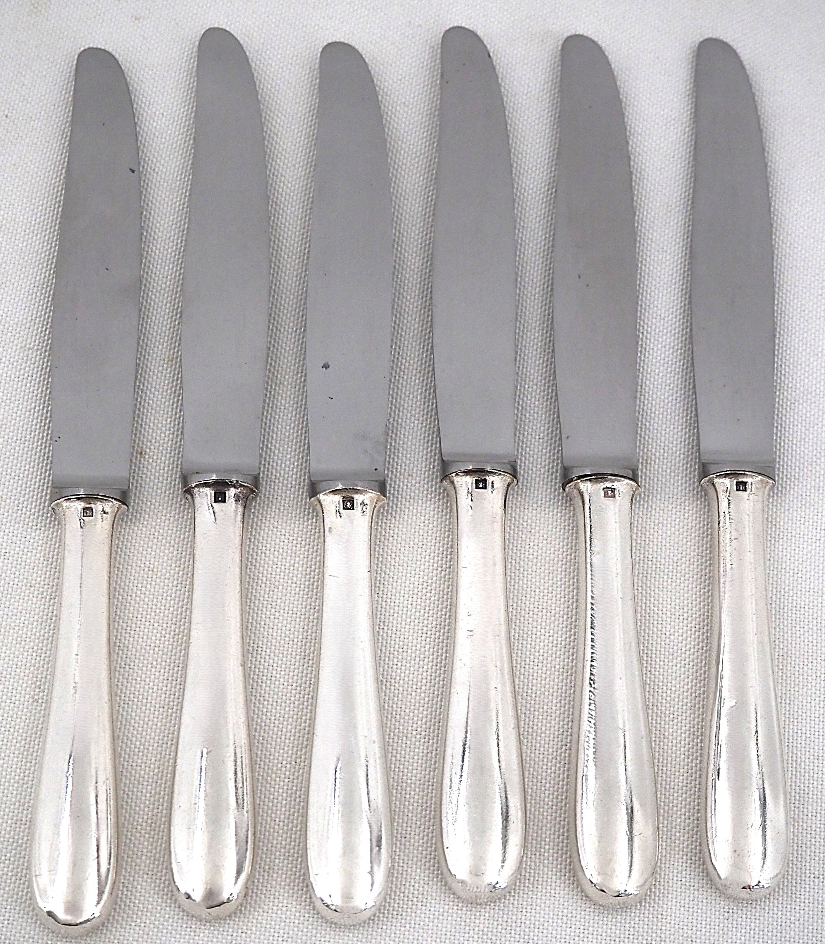 Christofle model Dax, 6 dessert, cheese, and side knives, silver metal.