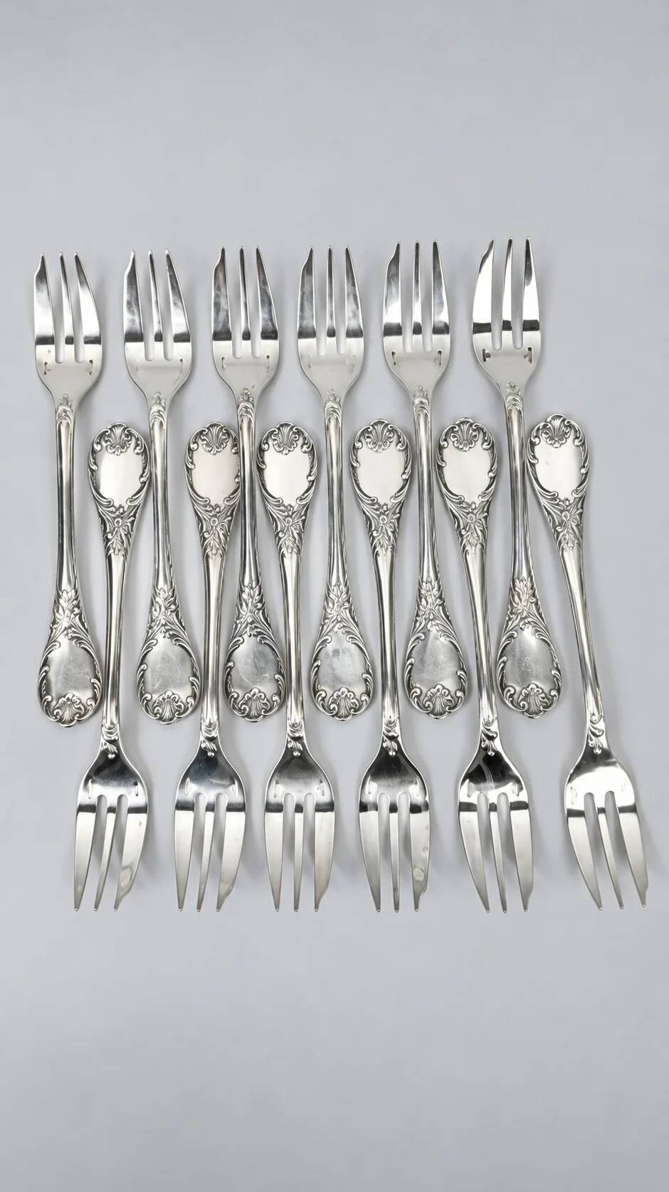 Christofle box of twelve Marly cake forks, silver-plated metal