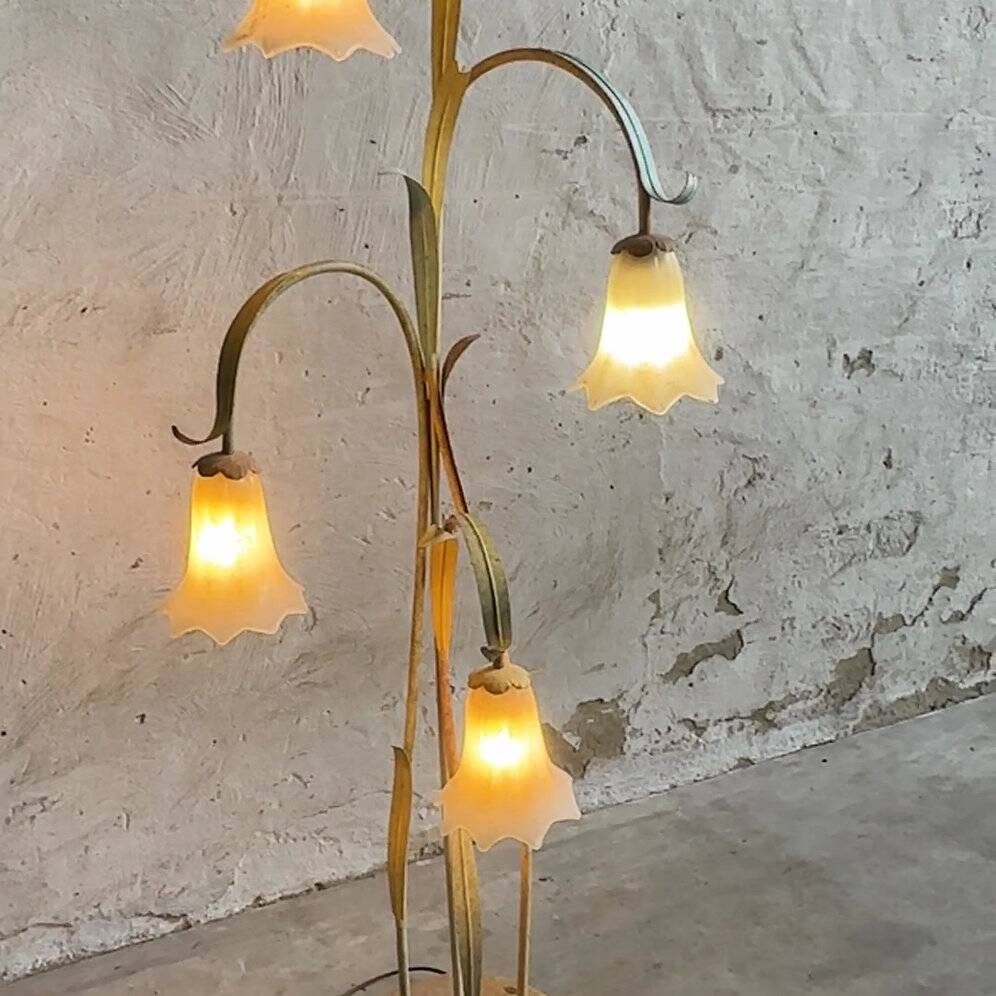 Mid-century elegant toleware floral floor lamp with glass pendants, France 1980