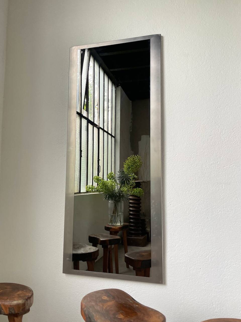 Brushed stainless steel mirror circa François Monnet and Joelle Ferlande