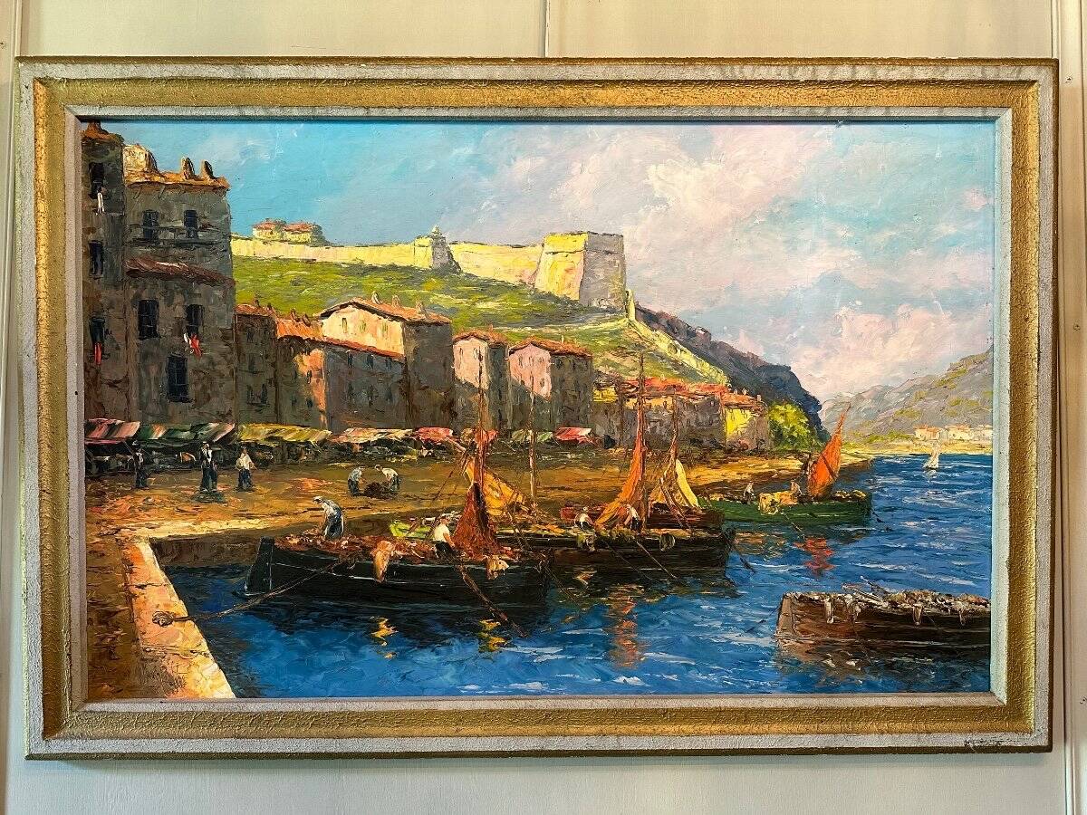 Port In Italy. Oil on panel. 20th century.