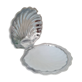 Beurrier coquillage en métal argenté et sa coupelle en verre blanc