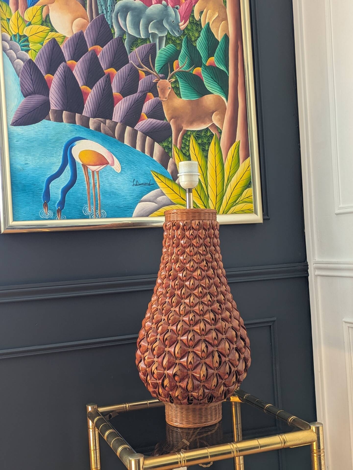 Large vintage woven lamp base in Riviera/Boho style from the 1970s.