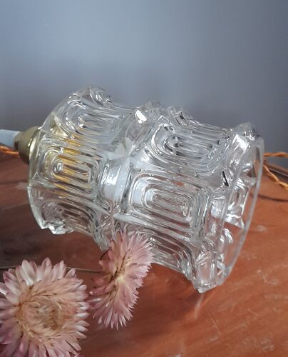 Lampe baladeuse en verre moulé à relief, vintage, long cordon tressé couleur or - vintage