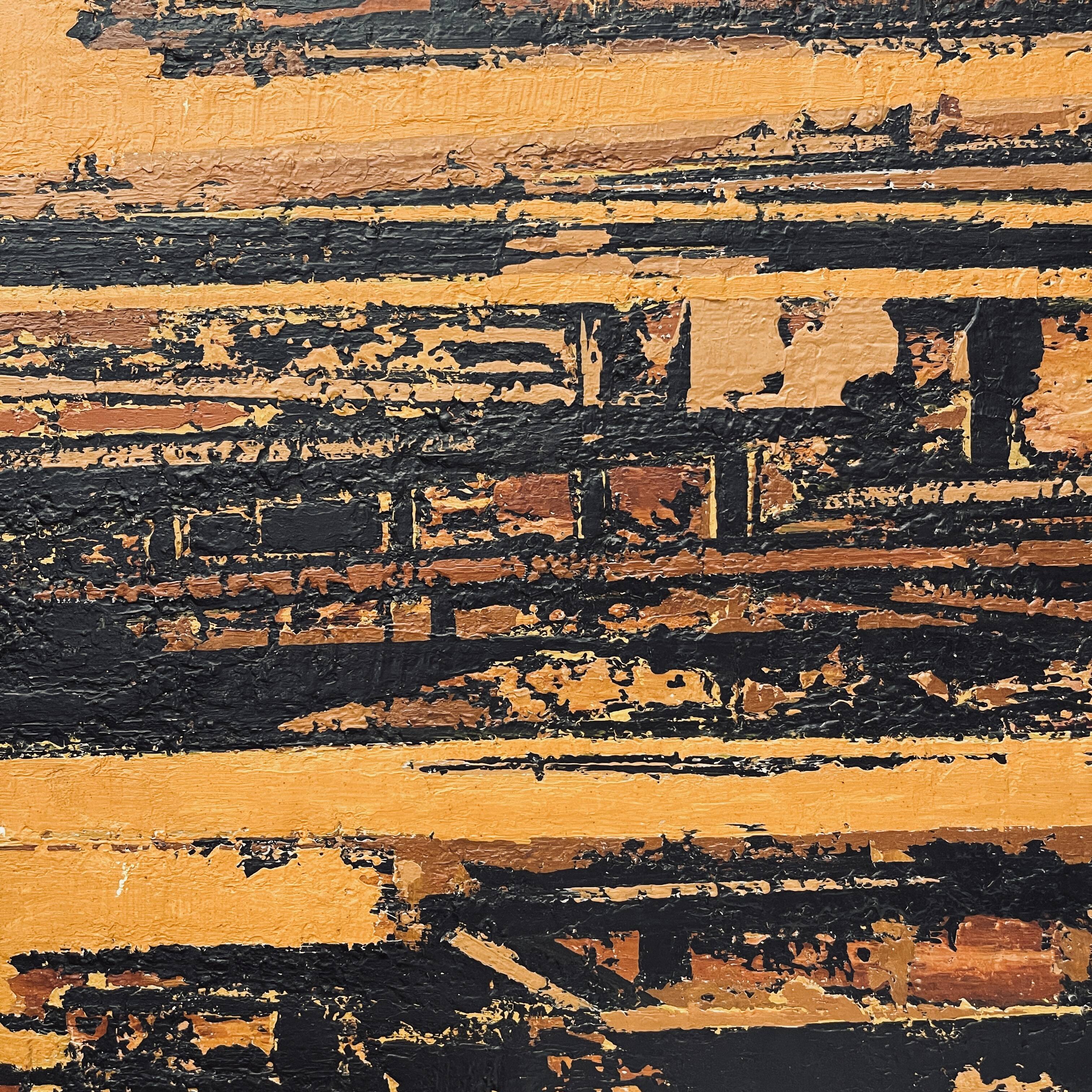 Orange and black abstract painting, oil on panel, Serge Detriaux, 1998