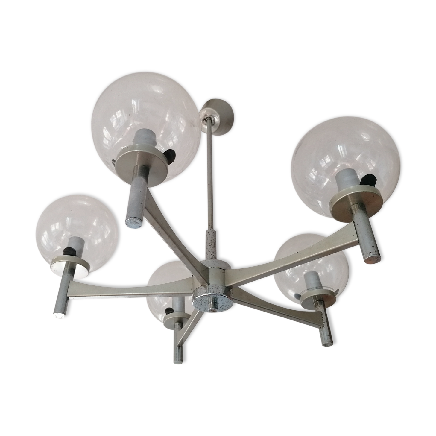 Chrome metal chandelier 5 branches vintage glass globes 60 70