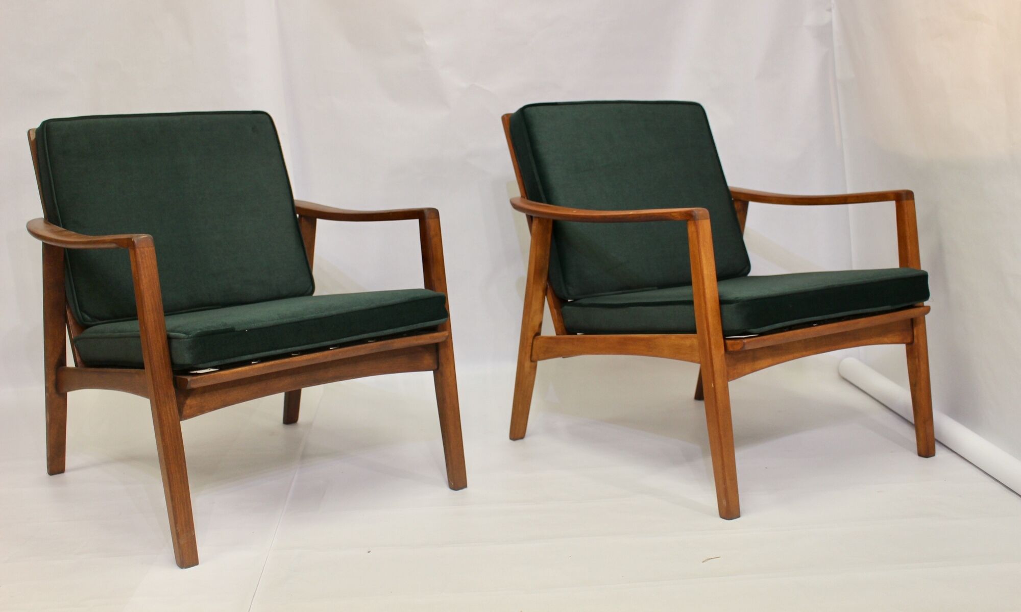 Pair of Scandinavian style armchairs, red velvet fir fabric 60s