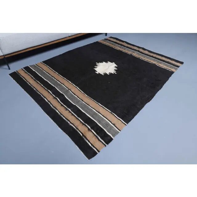 Vintage Turkish Hand-Knotted Wool Cotton Brown Kilim Area Rug 137x190