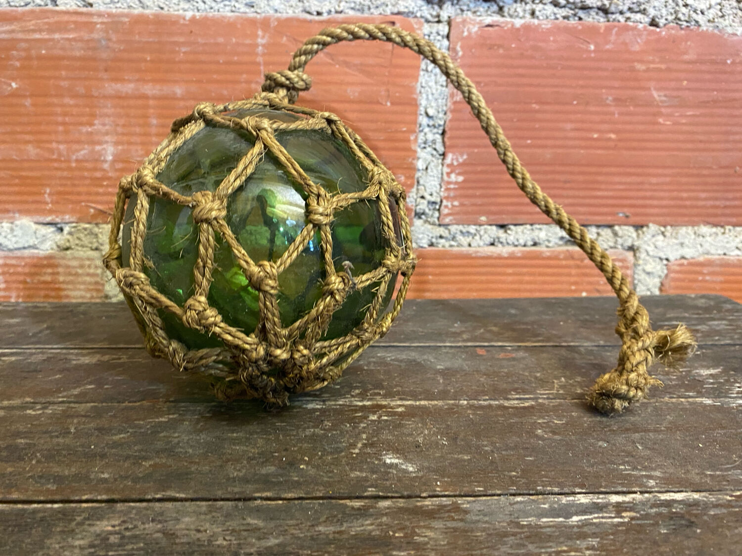 Old Fishing Floater Marine Glass + Vintage Net Rope #D6