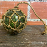 Old Fishing Floater Marine Glass + Vintage Net Rope #D6