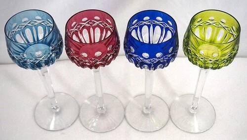 Saint Louis Traminer 4 glasses Rhin Roemer crystal, signed colour, excellent condition.
