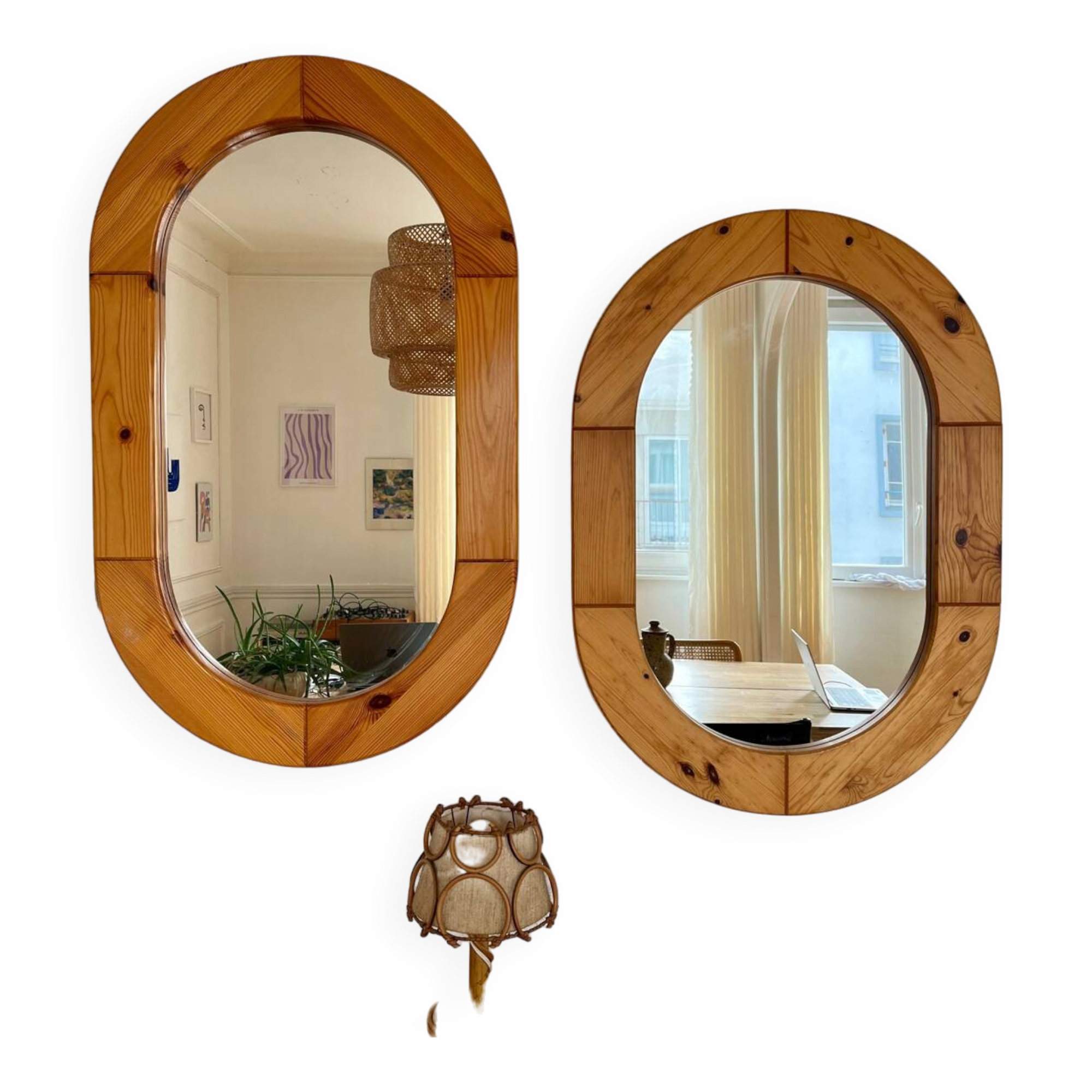 Oval mirror in solid pine vintage 70