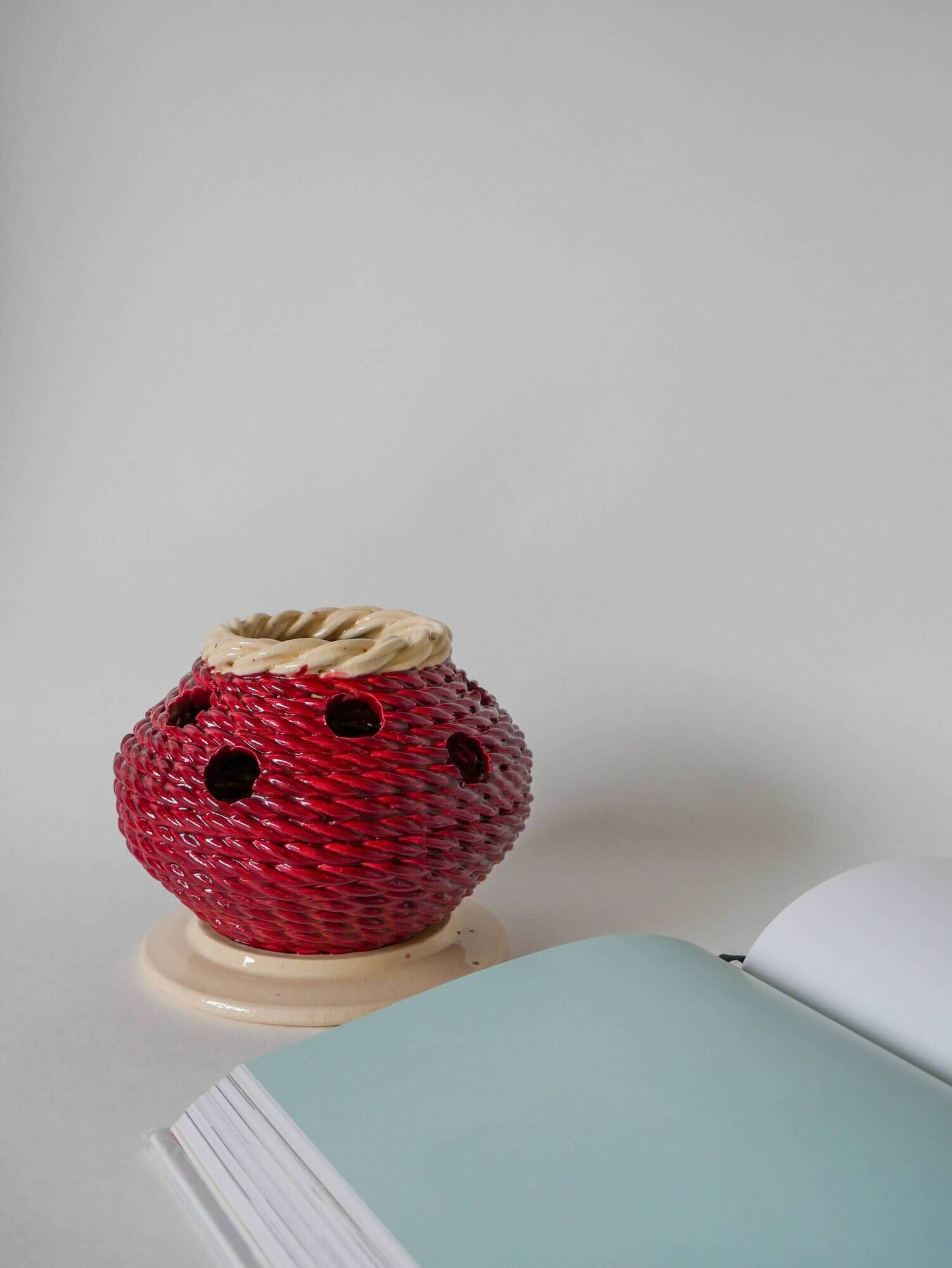 soliflore vase in burgundy and cream braided slip, 1960