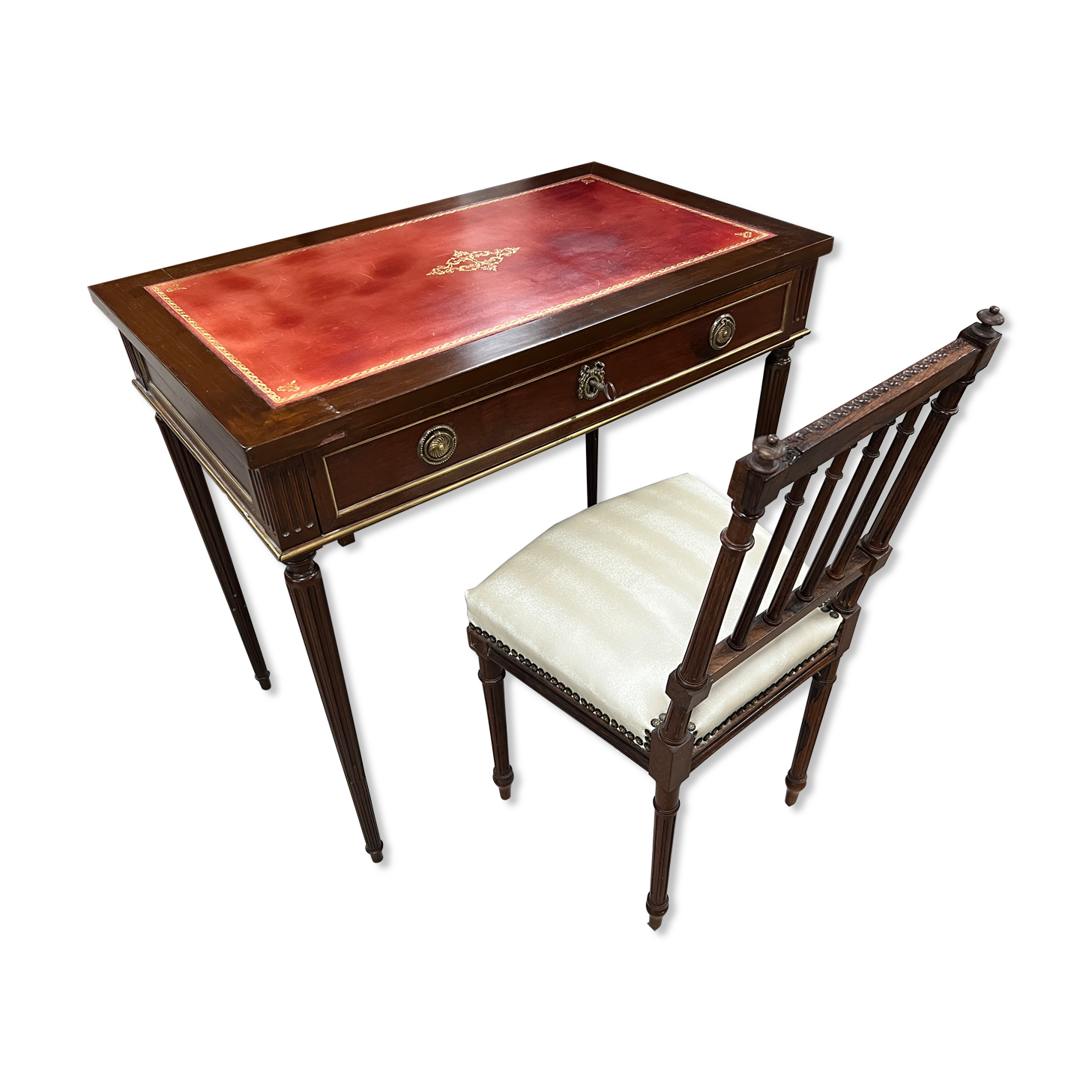 Flat desk and Louis XVI style chair in mahogany veneer (nineteenth century)