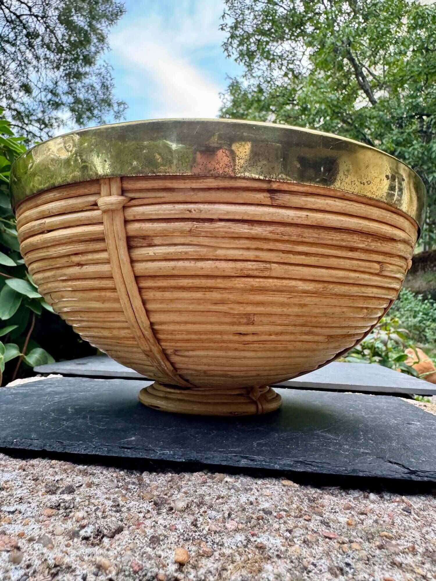 Rattan basket brass Gabriella Crespi 1960s