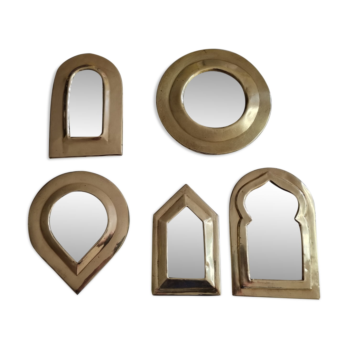 Set of 5 Moroccan mirrors in vintage brass 12 cm