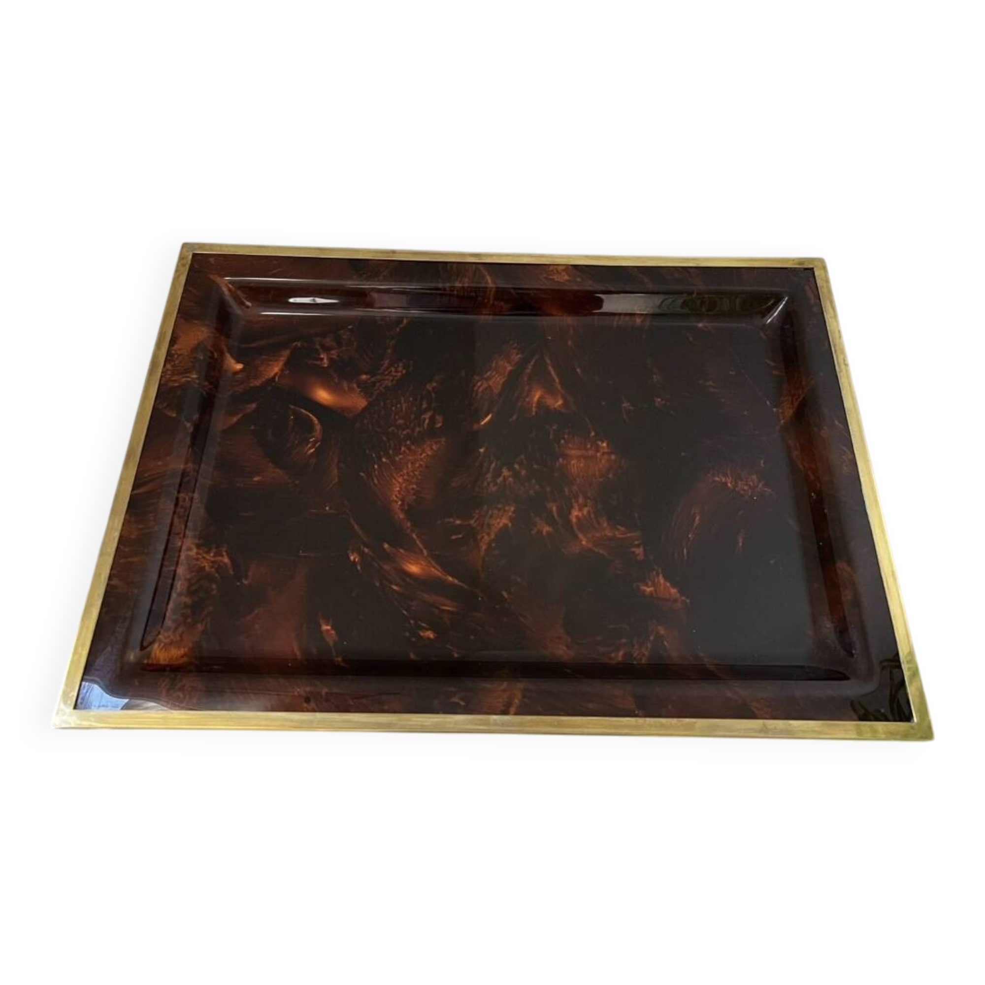 Vintage plexiglass lucite tray with tortoiseshell effect and brass rim, 1970s