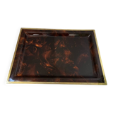 Vintage plexiglass lucite tray with tortoiseshell effect and brass rim, 1970s