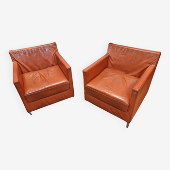 Pair of vintage orange leather armchairs