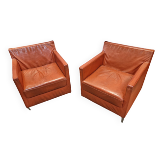 Pair of vintage orange leather armchairs