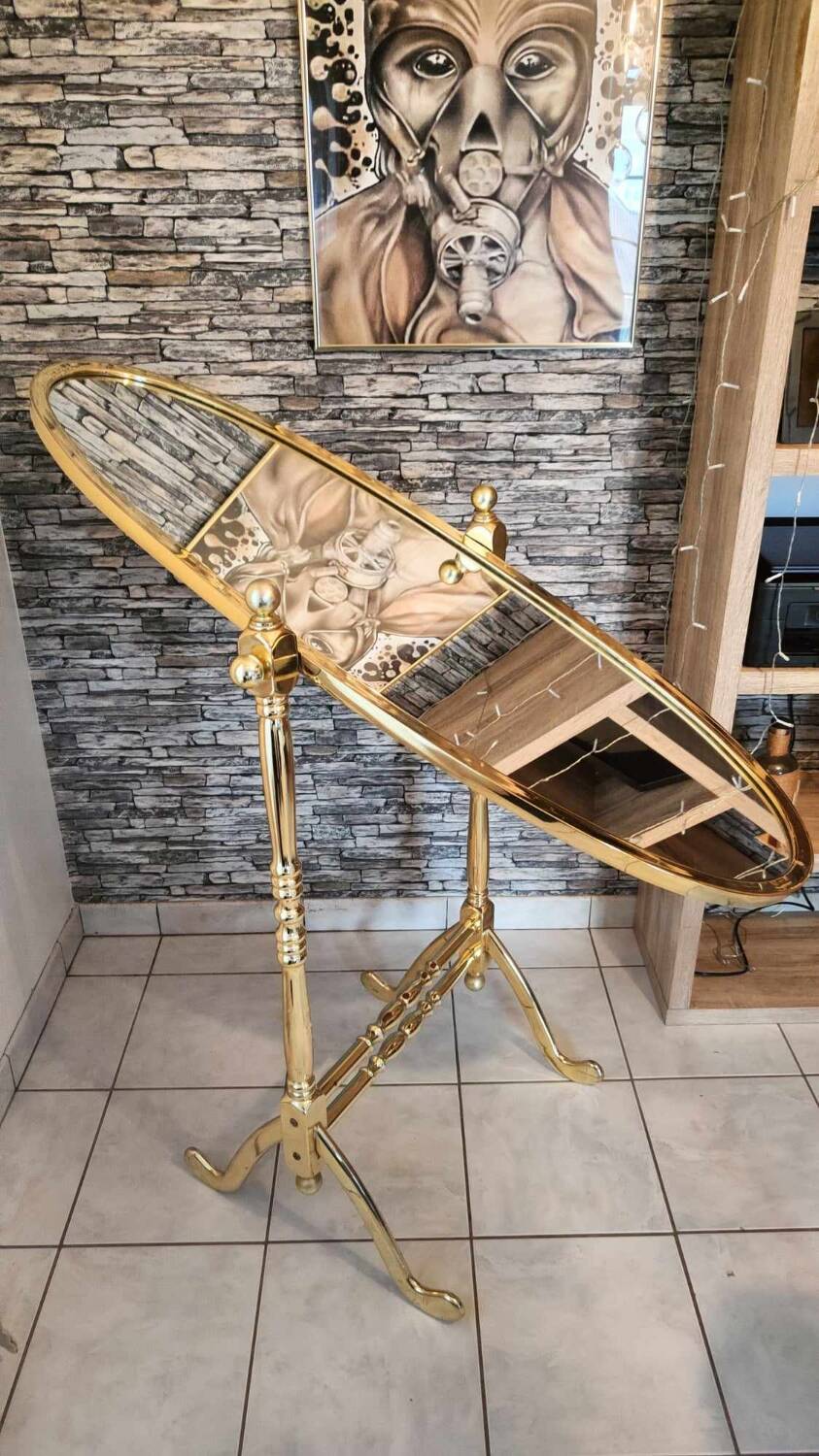 Vintage horse mirror in patinated steel with golden brass effect 1980